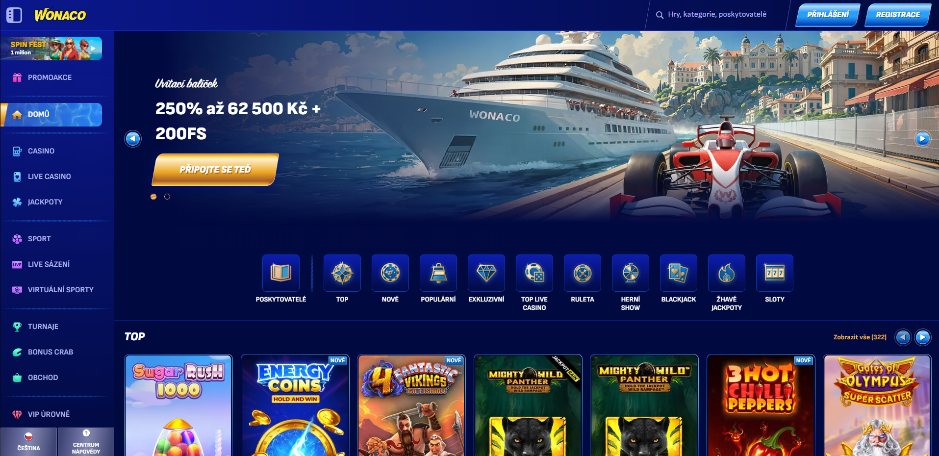 Wonaco Casino rozhraní